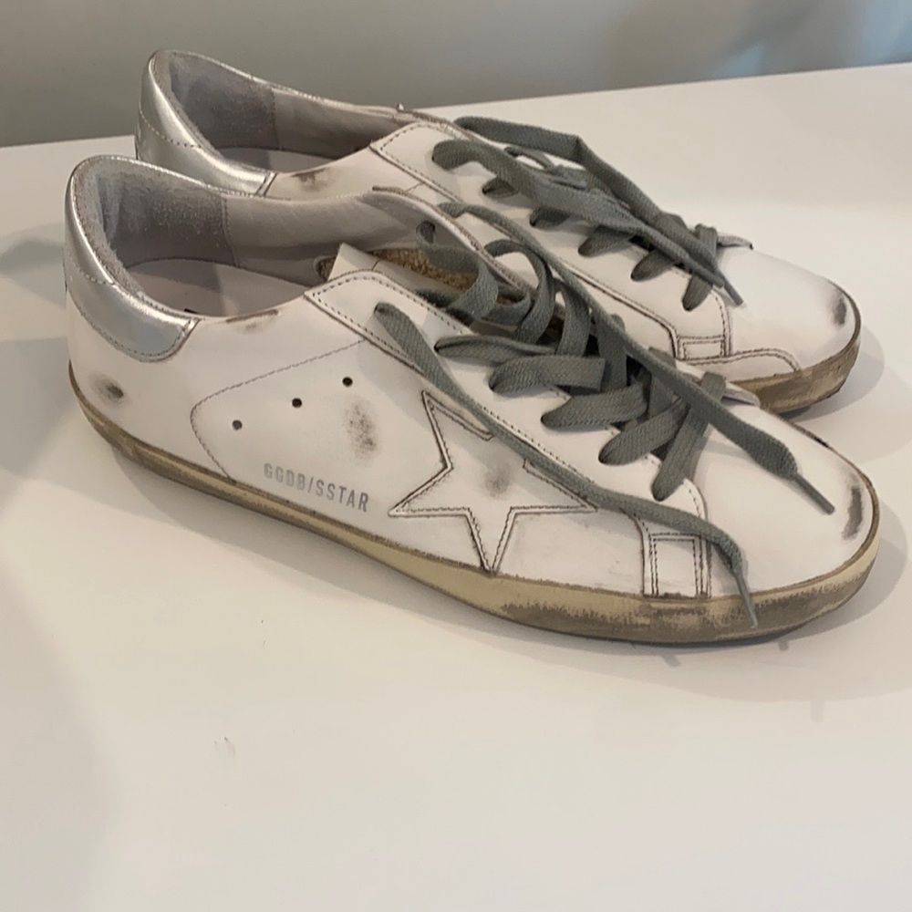 Golden Goose White and Silver Superstar Sneakers